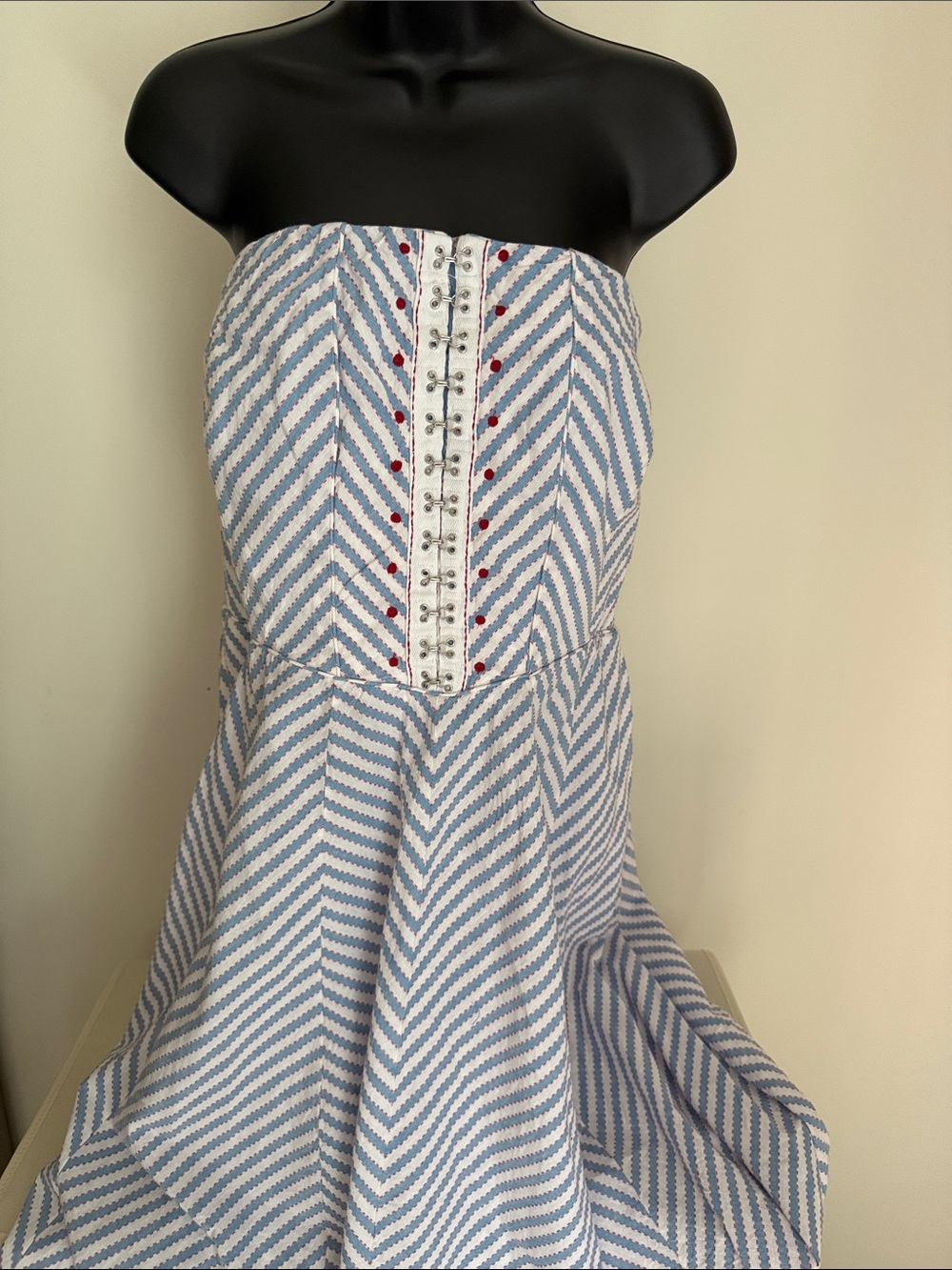 Maeve by Anthropologie Striped Strapless A-Line Dress with Embroidered Front